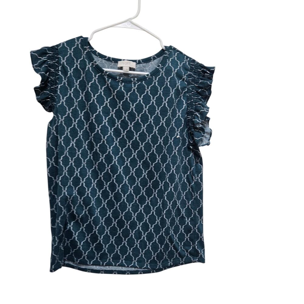 LOFT Outlet Teal Geometric Ruffle Sleeve Knit Top Large